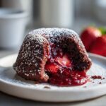Close-up of a Strawberry Chocolate Lava Dome with a flowing strawberry center, dusted with powdered sugar.