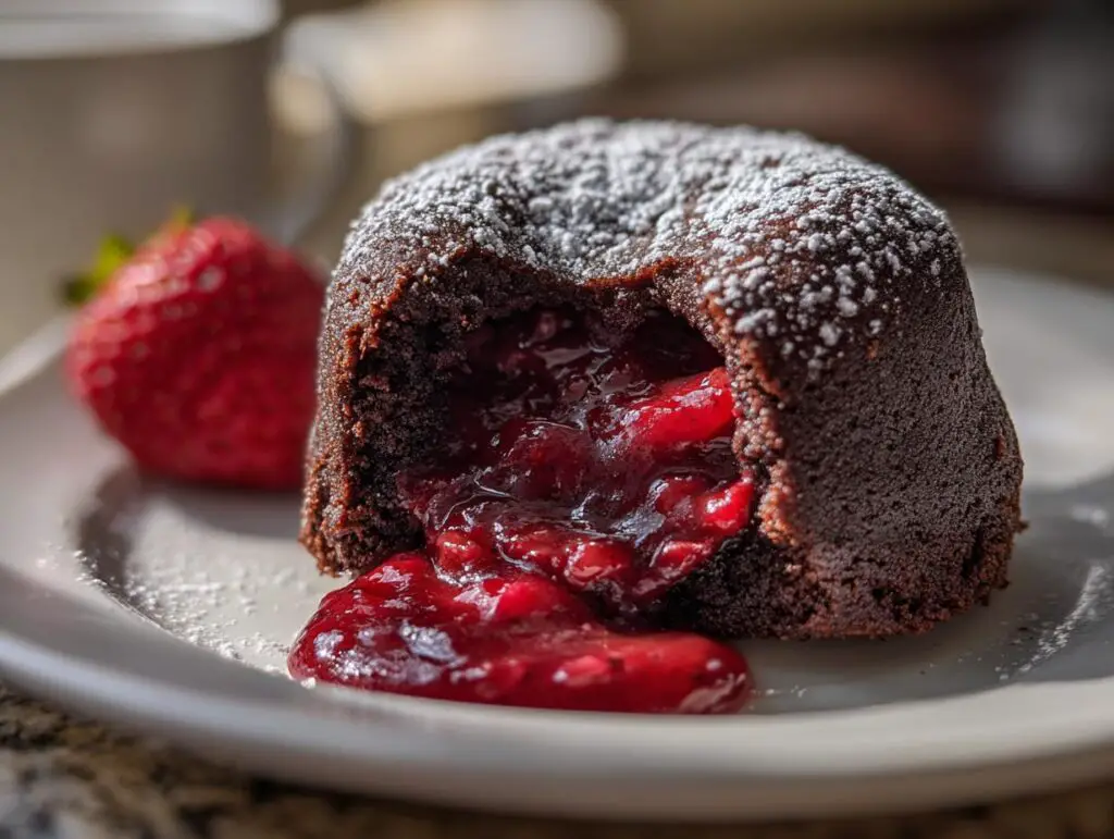 Close-up of a Strawberry Chocolate Lava Dome with oozing strawberry filling, dusted with powdered sugar.