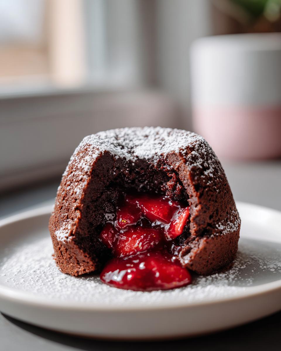 Close-up of a Strawberry Chocolate Lava Dome with strawberry filling oozing out, dusted with powdered sugar.
