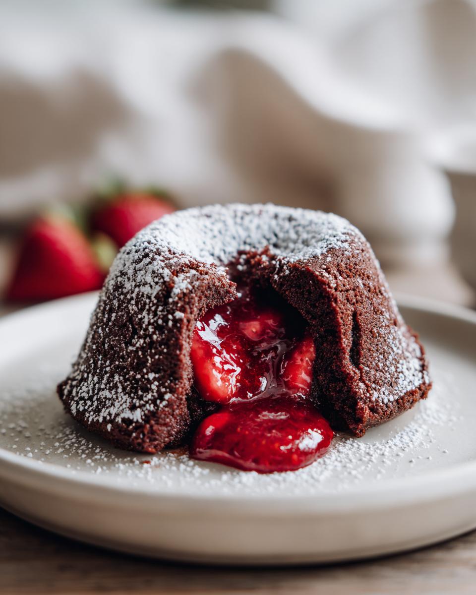 Close-up of a Strawberry Chocolate Lava Dome with a flowing strawberry filling, dusted with powdered sugar.