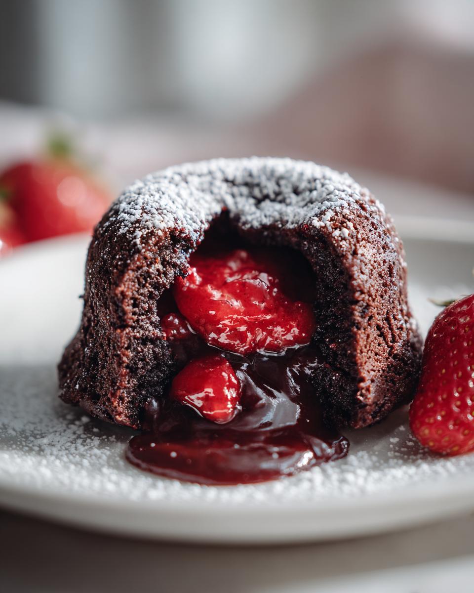Close-up of a Strawberry Chocolate Lava Dome with flowing strawberry filling and fresh strawberries.