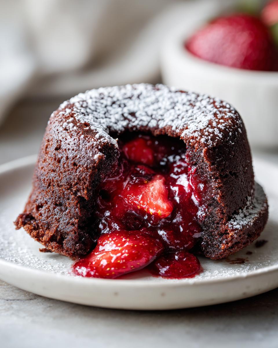 Close-up of a Strawberry Chocolate Lava Dome with a flowing strawberry filling, dusted with powdered sugar.