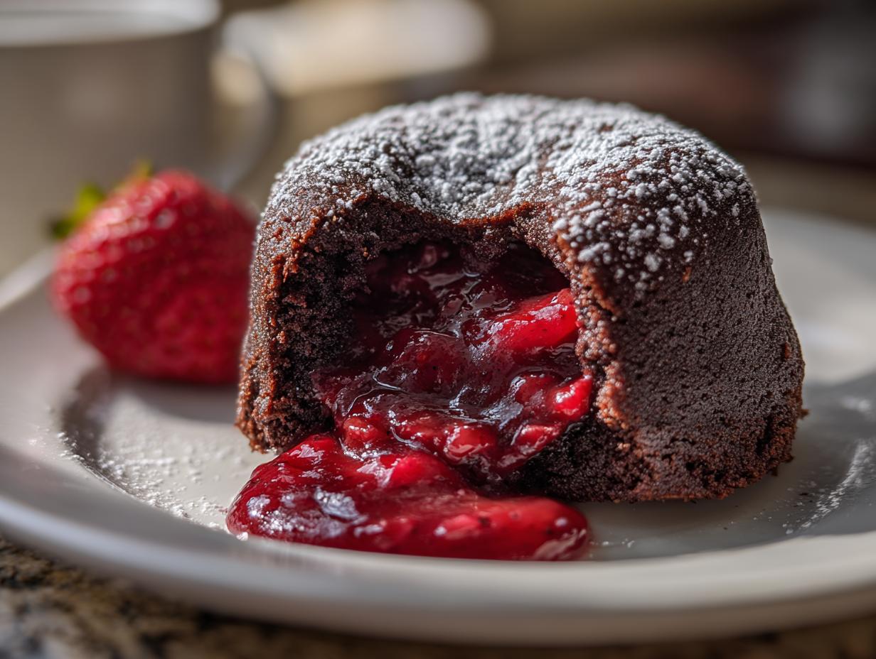 Close-up of a Strawberry Chocolate Lava Dome with oozing strawberry filling, dusted with powdered sugar.