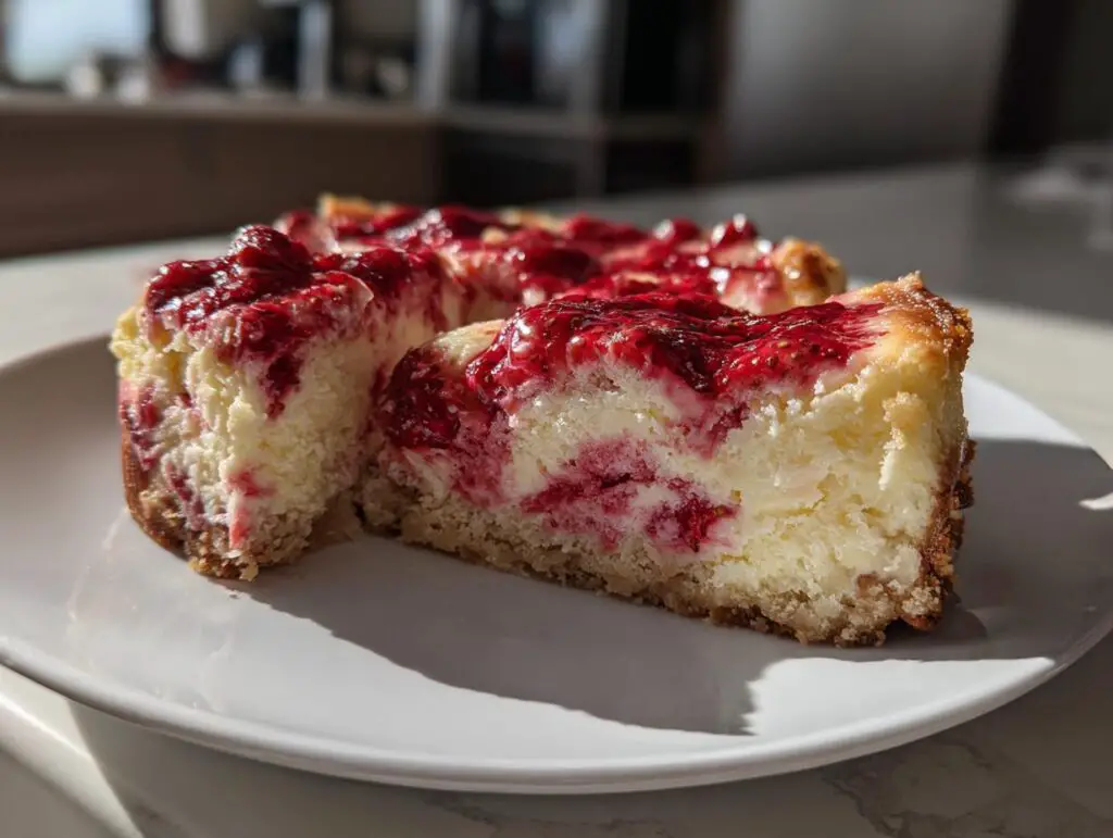 A delicious slice of Strawberry Shortcake Cheesecake on a white plate, topped with fresh strawberries.