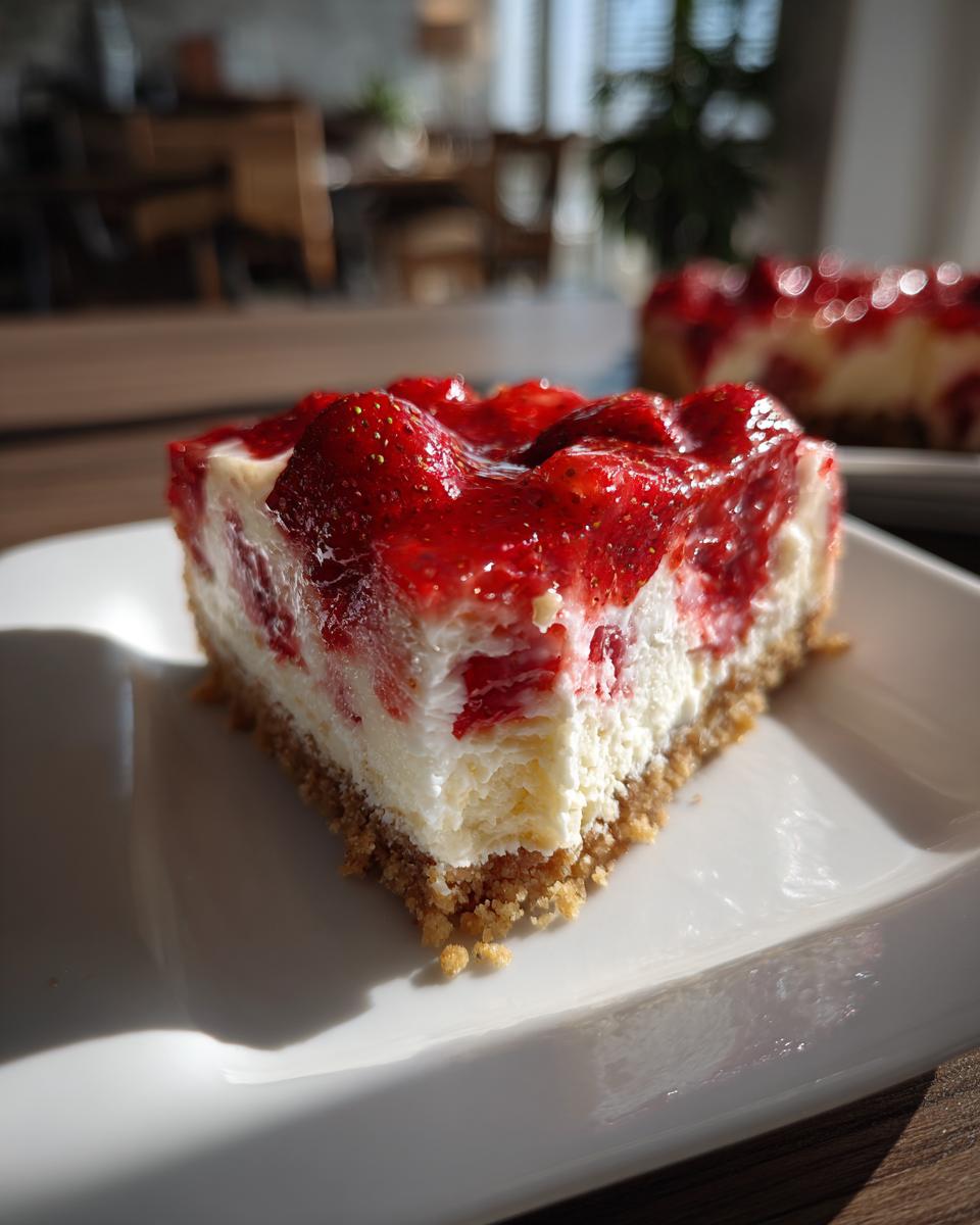 A single slice of Strawberry Shortcake Cheesecake on a white plate.