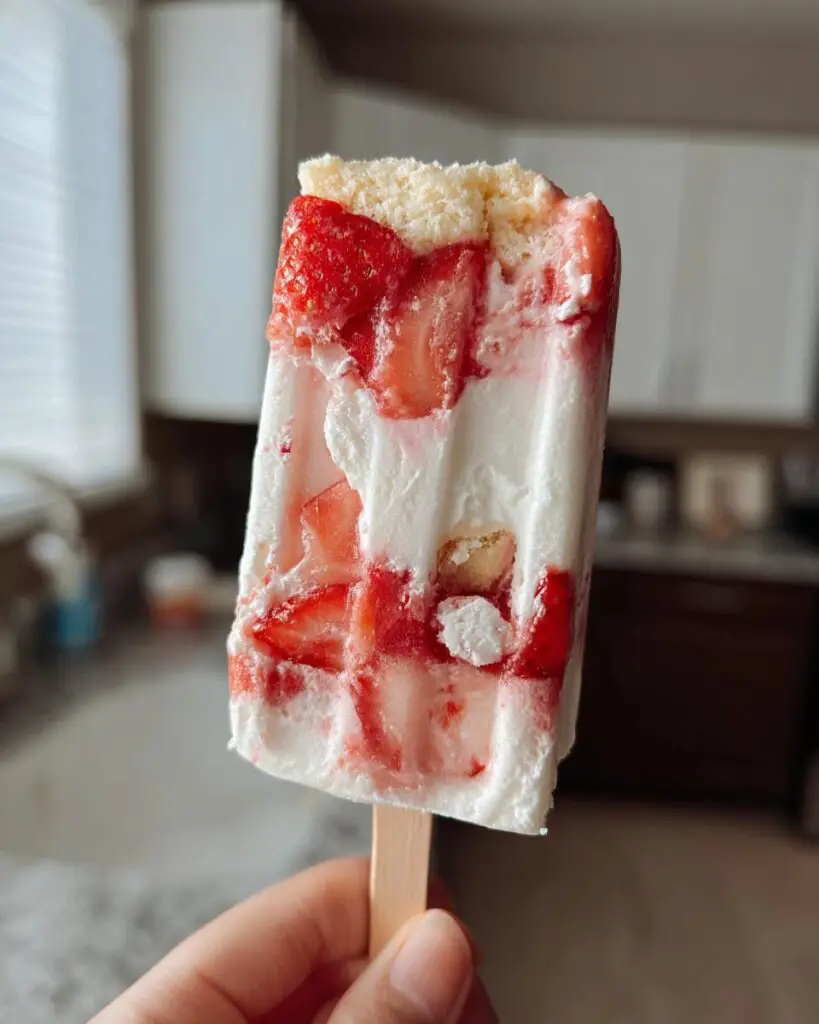 Hand holding a delicious Strawberry Shortcake Push Pop with layers of strawberries, cream, and cake.