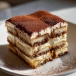 A perfect slice of Tiramisu dessert, showing layers of ladyfingers, creamy mascarpone, and cocoa powder.
