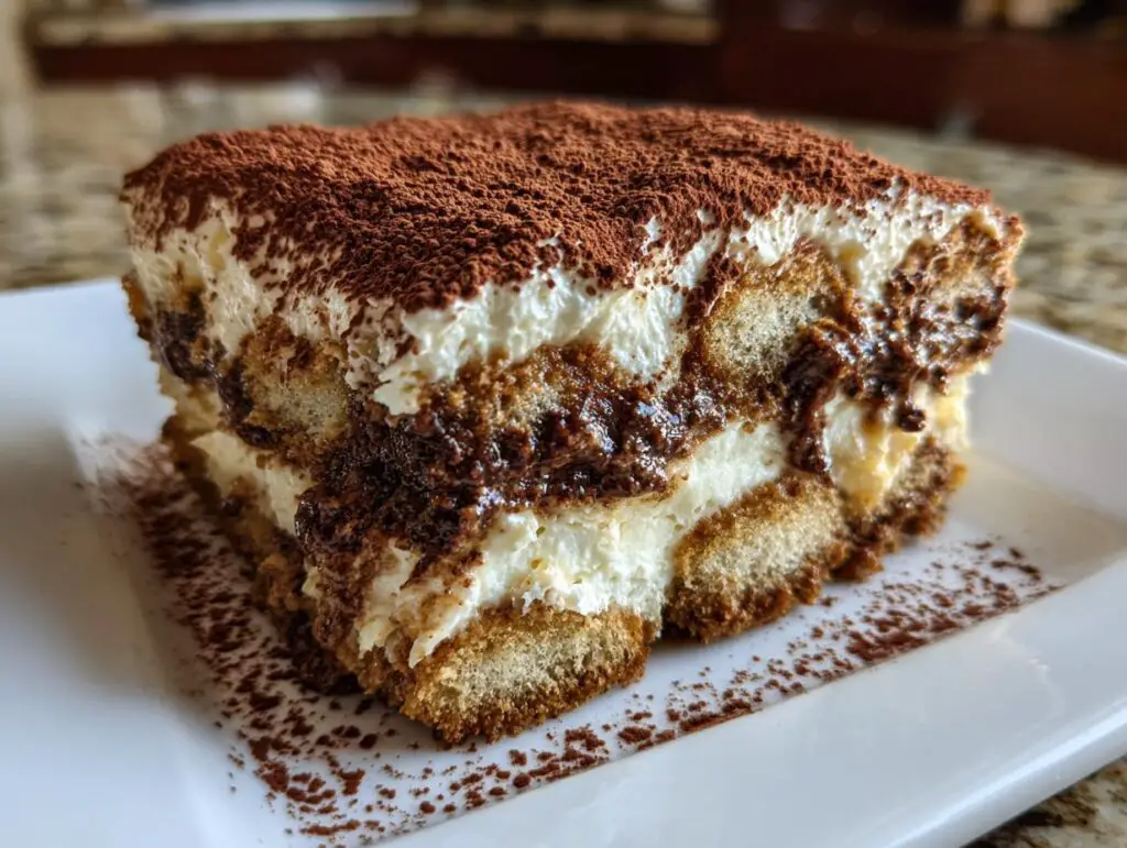 A slice of Tiramisu dessert on a white plate, dusted with cocoa powder.