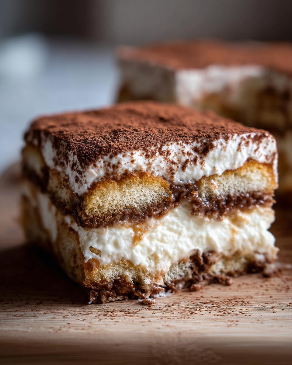 Close-up of a slice of Tiramisu dessert on a white plate, dusted with cocoa powder.