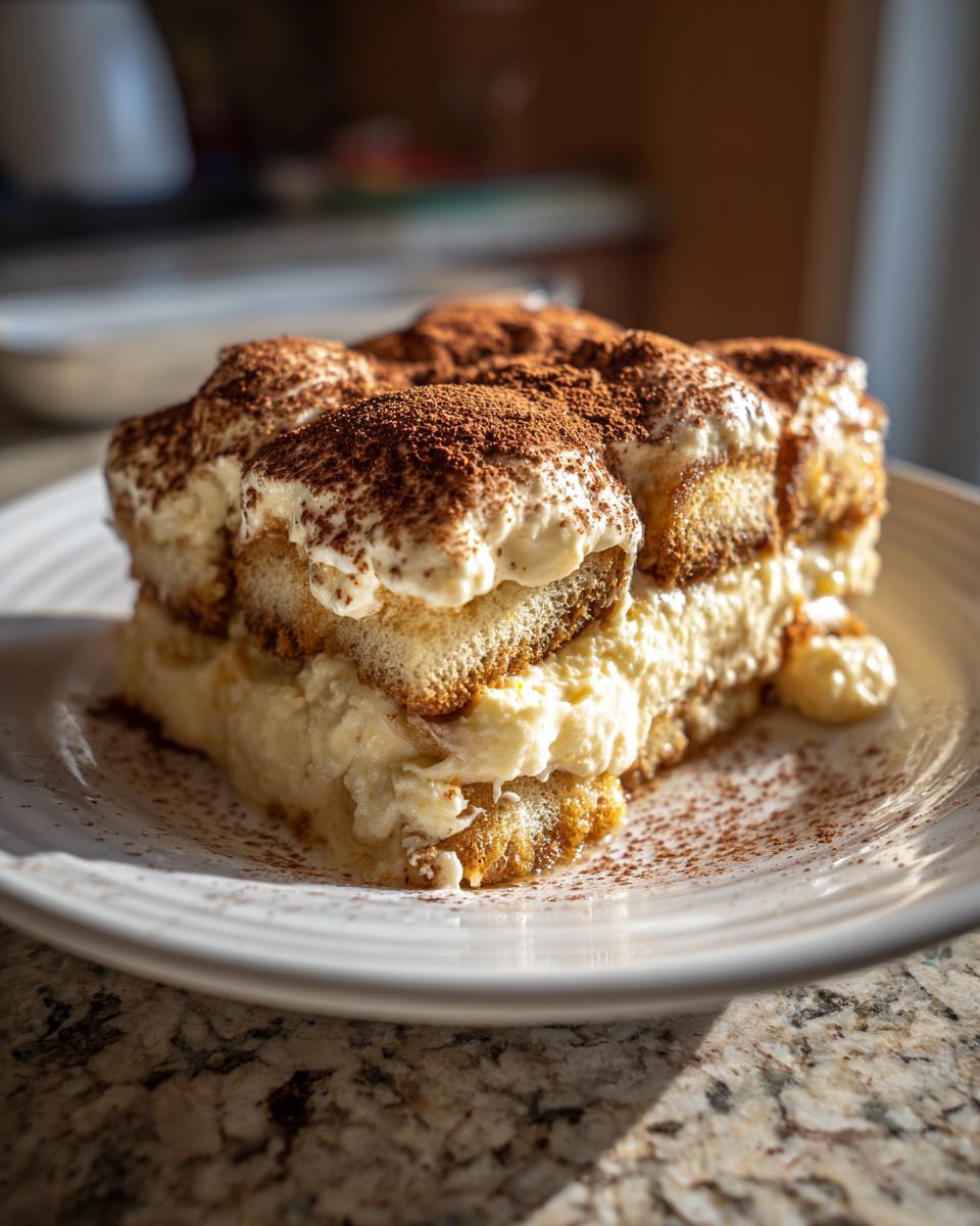 Close-up of a delicious slice of Tiramisu, showing layers of ladyfingers, cream, and cocoa.