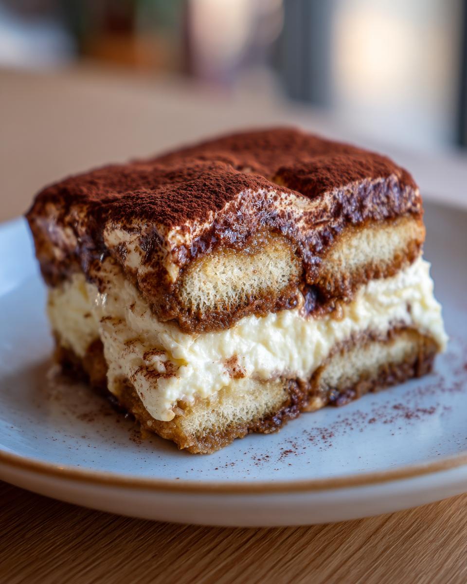 A single slice of Tiramisu on a plate, showing layers of ladyfingers, cream, and cocoa powder.