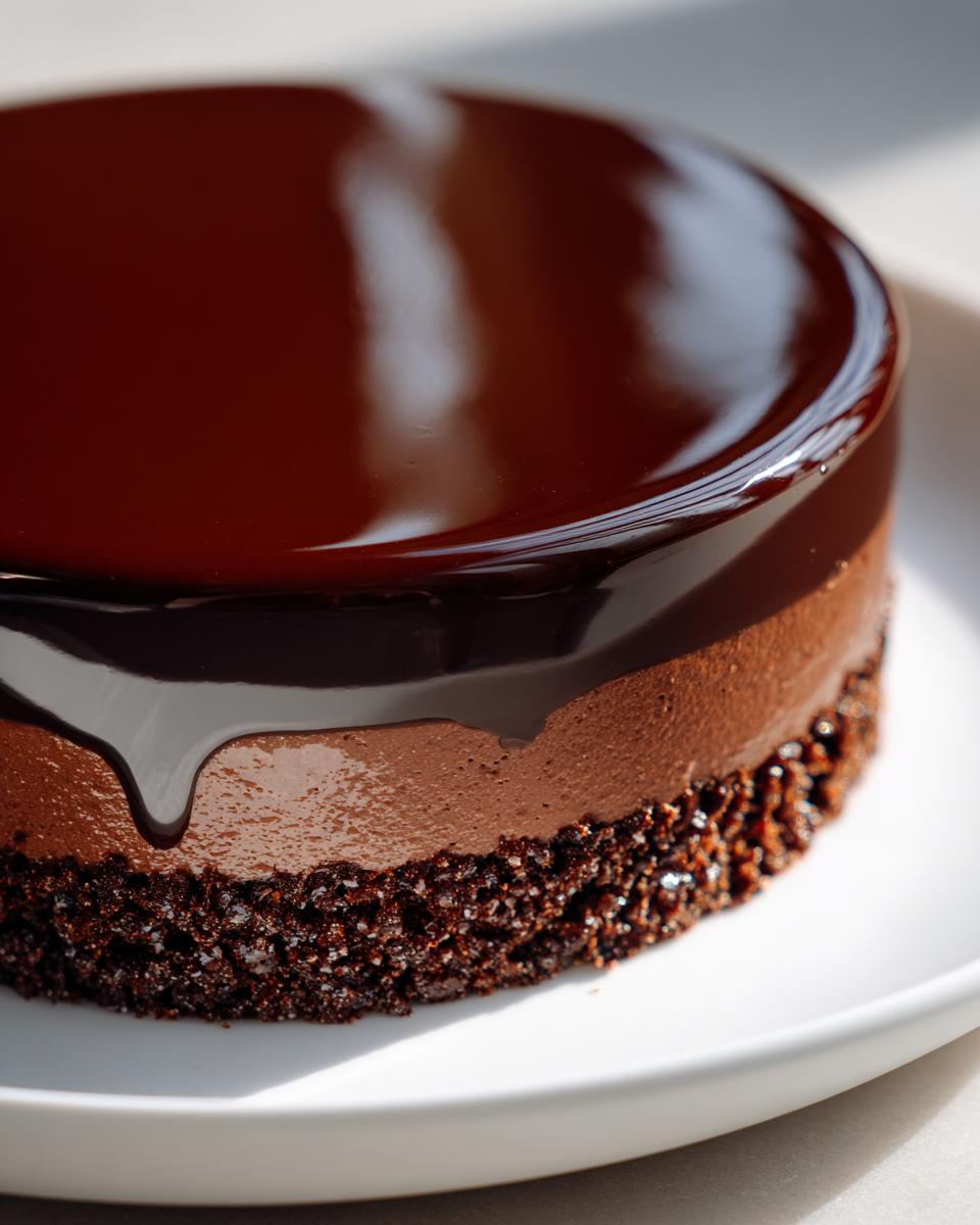 Close-up of a decadent Triple Chocolate Mousse Cake with a glossy mirror glaze.