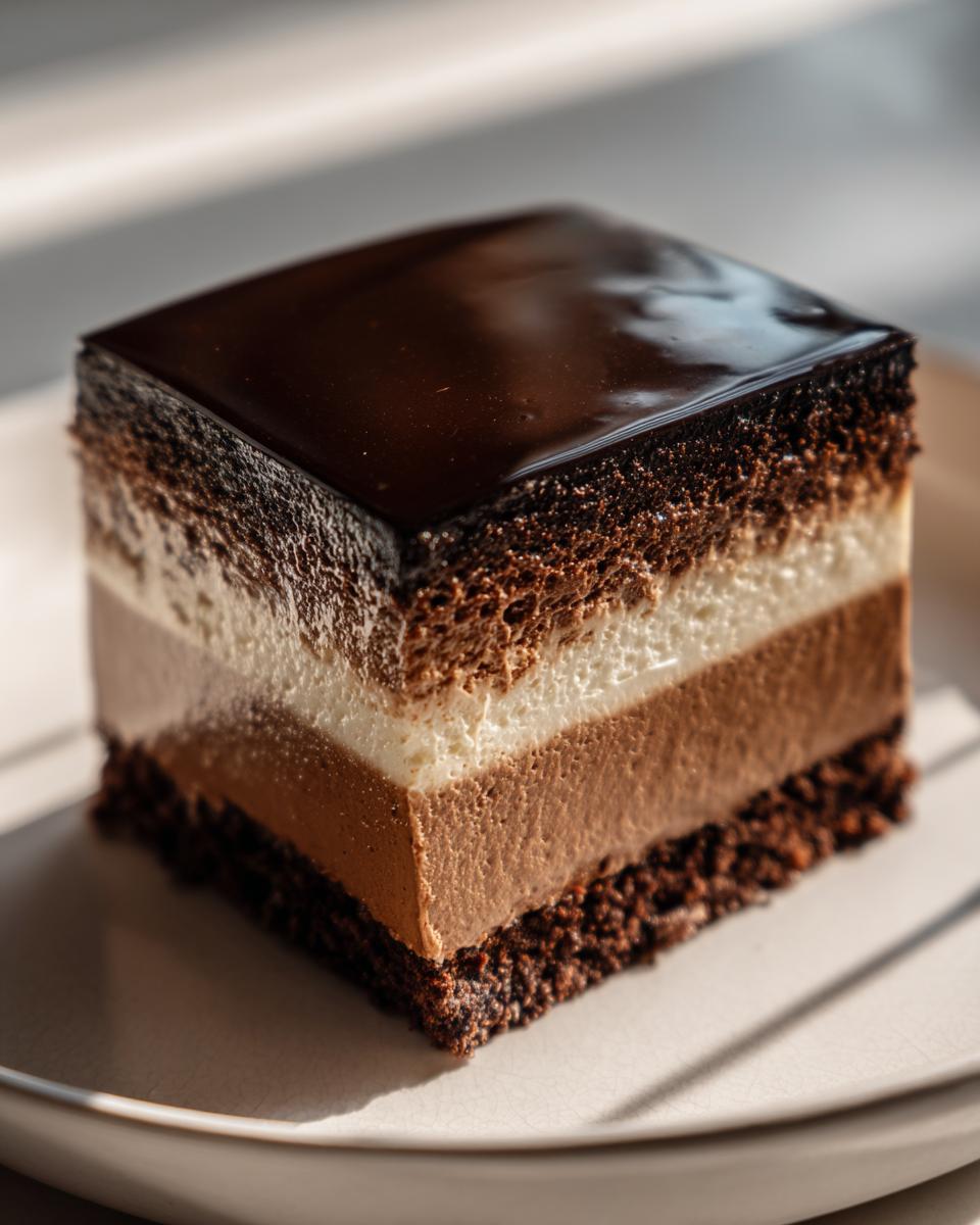 Close-up of a slice of Triple Chocolate Mousse Cake with layers and mirror glaze.