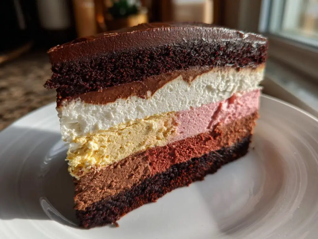 A slice of Triple Chocolate Mousse Cake, showing layers of chocolate mousse and cake on a white plate.