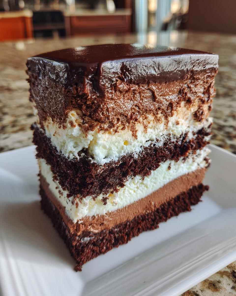 A slice of Triple Chocolate Mousse Cake with three layers and chocolate ganache.