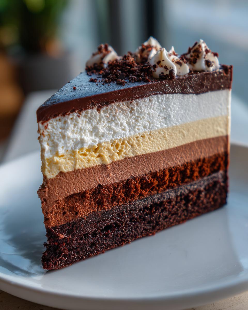 Close-up of a slice of Triple Chocolate Mousse Cake, showing multiple layers of chocolate and mousse.