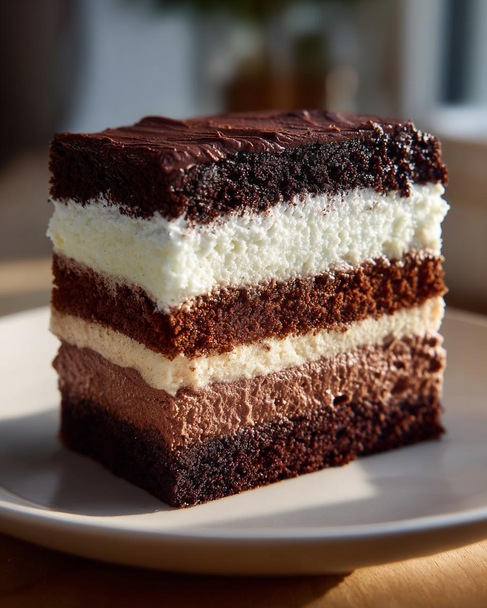 A slice of Triple Chocolate Mousse Cake with layers of chocolate cake and mousse.