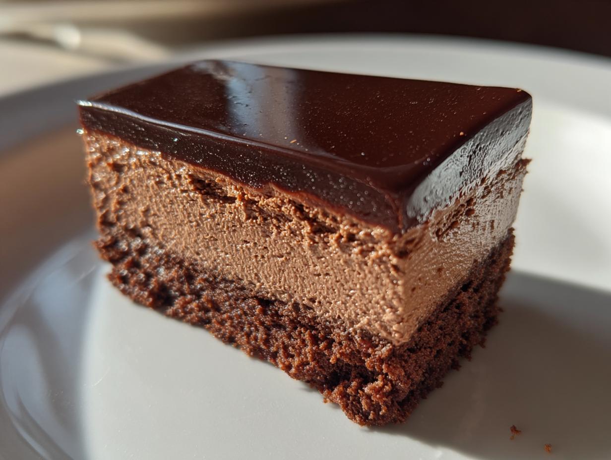 Close-up of a slice of Triple Chocolate Mousse Cake with a silky mirror glaze on a white plate.