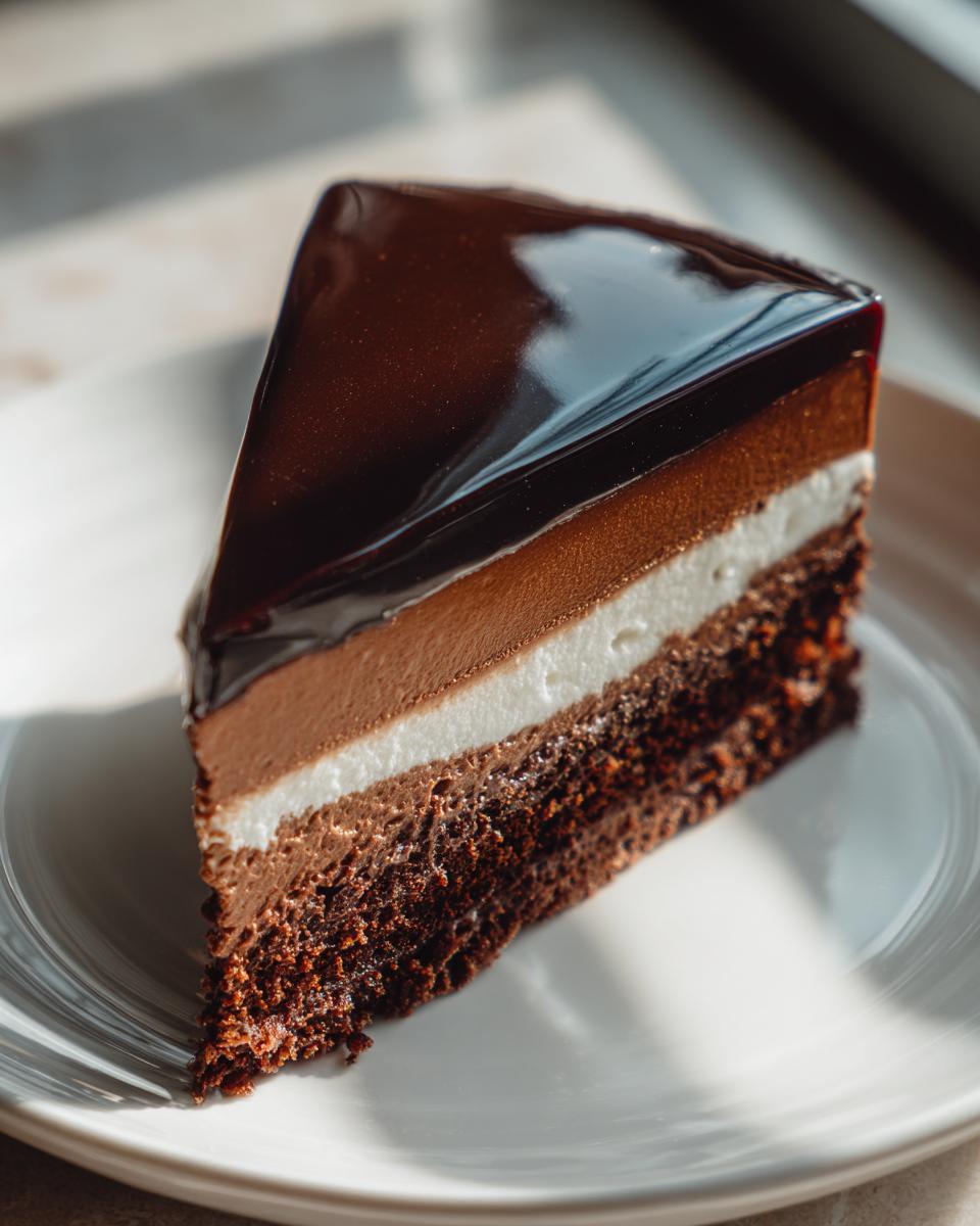 A slice of Triple Chocolate Mousse Cake with a silky mirror glaze on a white plate.