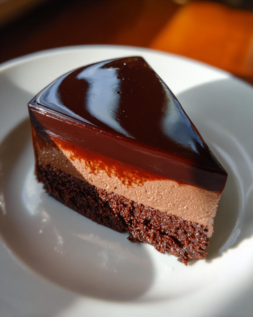 A slice of Triple Chocolate Mousse Cake with a silky mirror glaze on a white plate.
