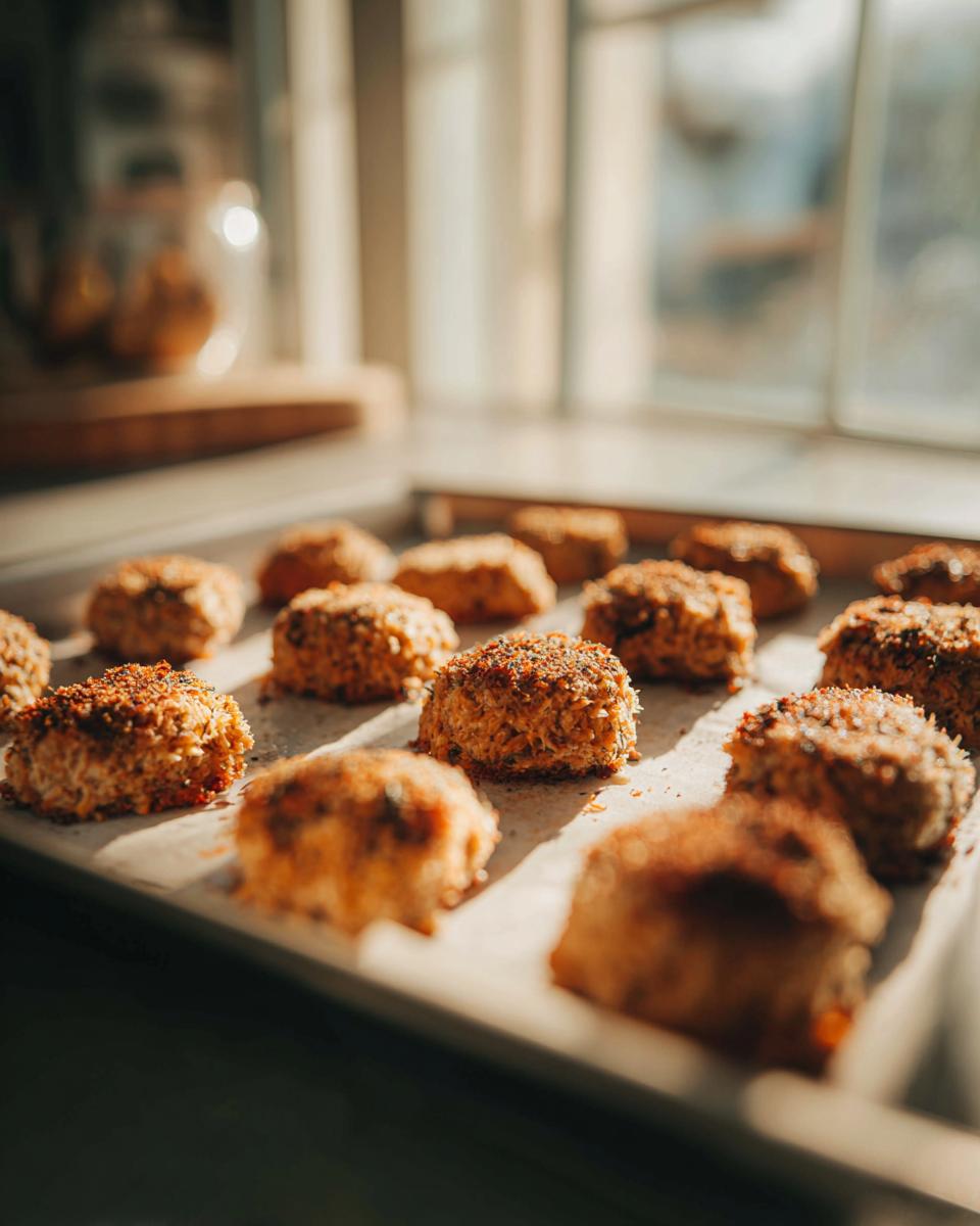 Close-up of baked 3-ingredient tuna cat treats on a baking sheet, ready to be enjoyed.