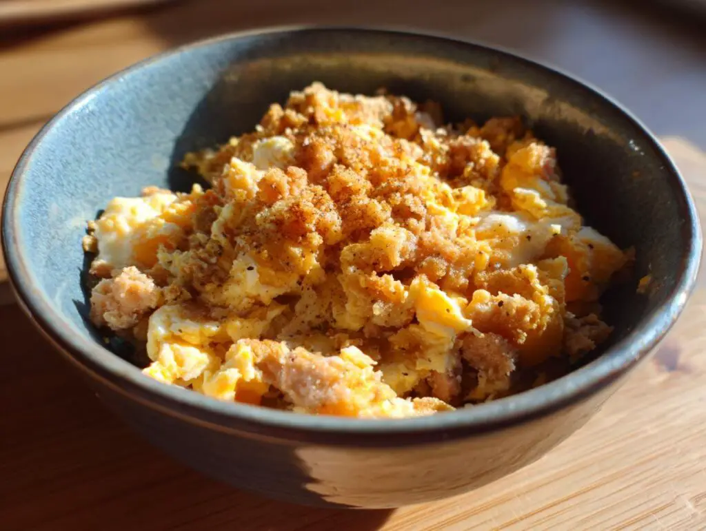 Close-up of a Tuna & Egg Cat Meal in a blue bowl, ready to eat.
