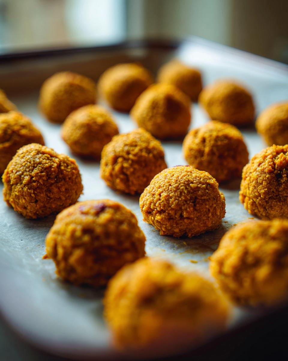 Close-up of baked 4-Ingredient Tuna & Pumpkin Cat Bites on a baking sheet.