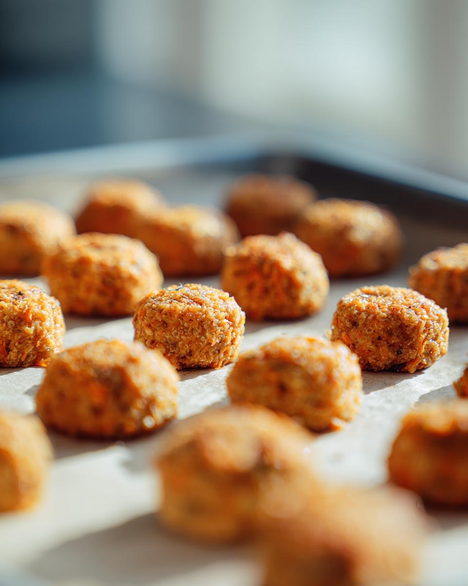Close-up of baked 4-Ingredient Tuna & Pumpkin Cat Bites on a baking sheet.