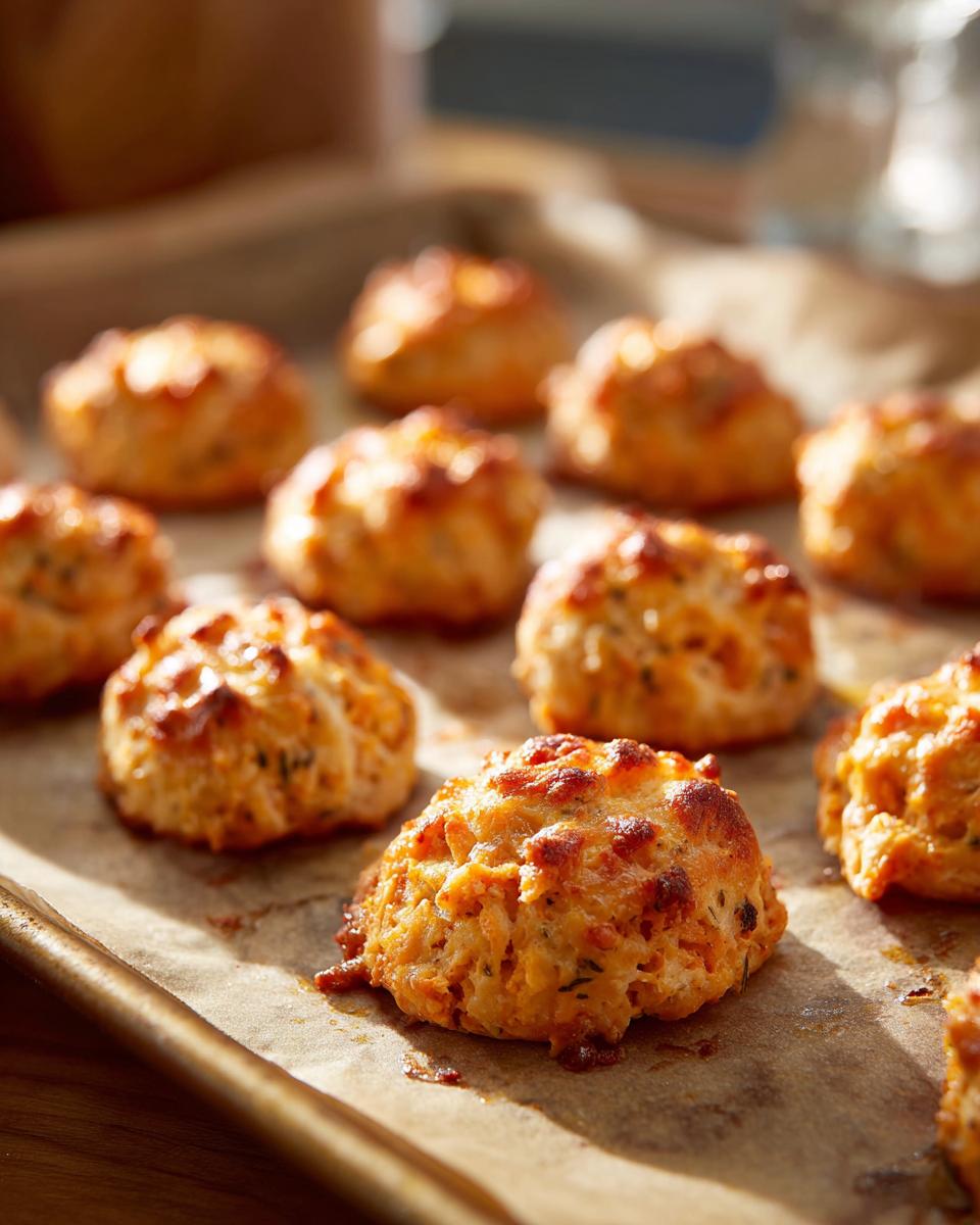 Close-up of freshly baked 4-Ingredient Tuna & Pumpkin Cat Bites on a baking sheet.