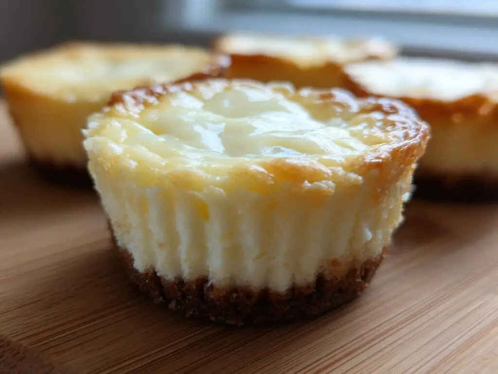 Close-up of a golden-brown Two-Ingredient Cheesecake Cup, showing the creamy filling and crust.