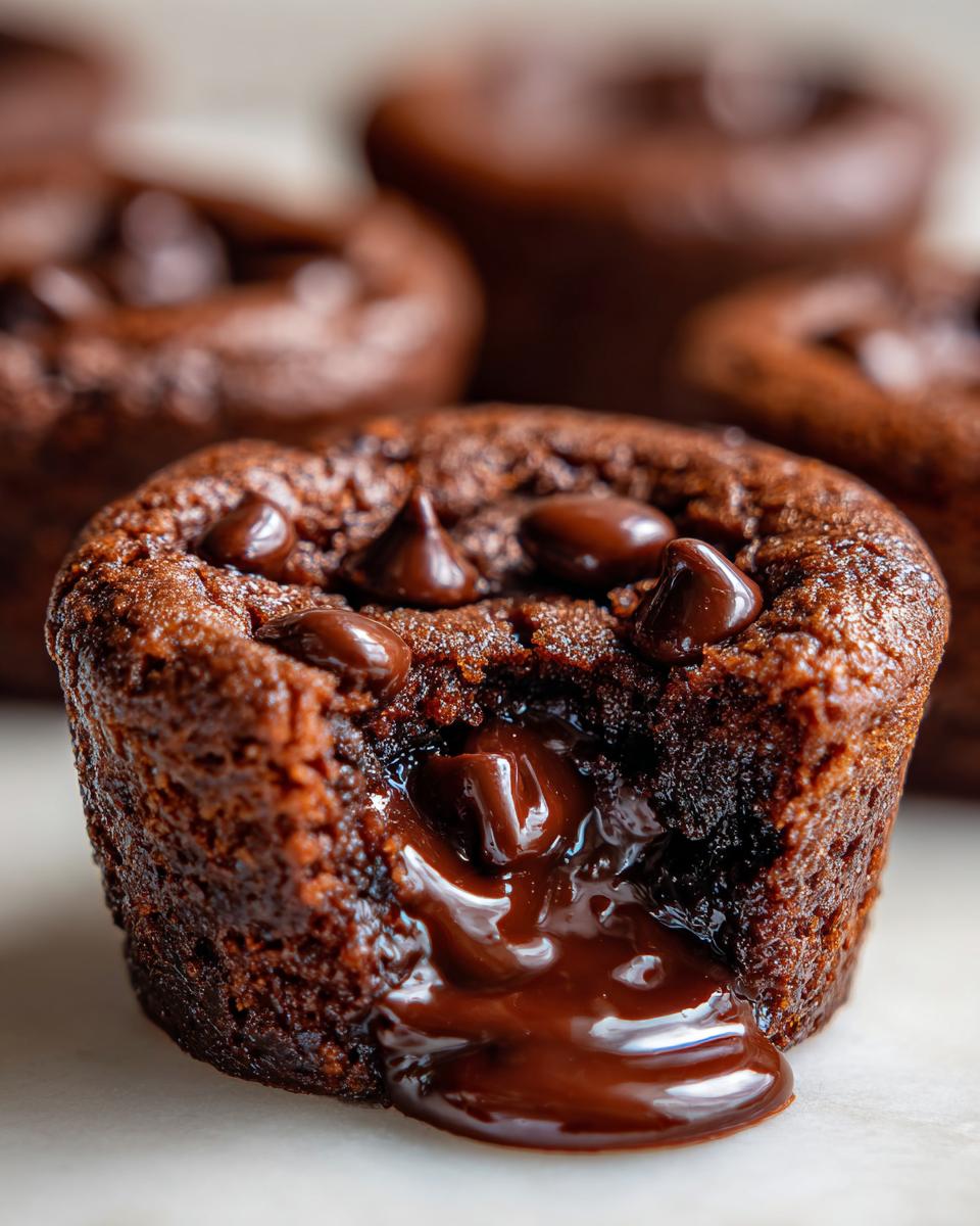Close-up of an Ultimate Gooey Cookie Cup with melted chocolate oozing out, topped with chocolate chips.