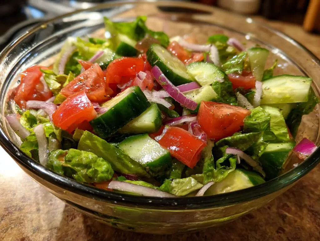 Close-up of a fresh salad bowl with tomatoes, cucumbers, and red onion, perfect for a 15-minute salad.