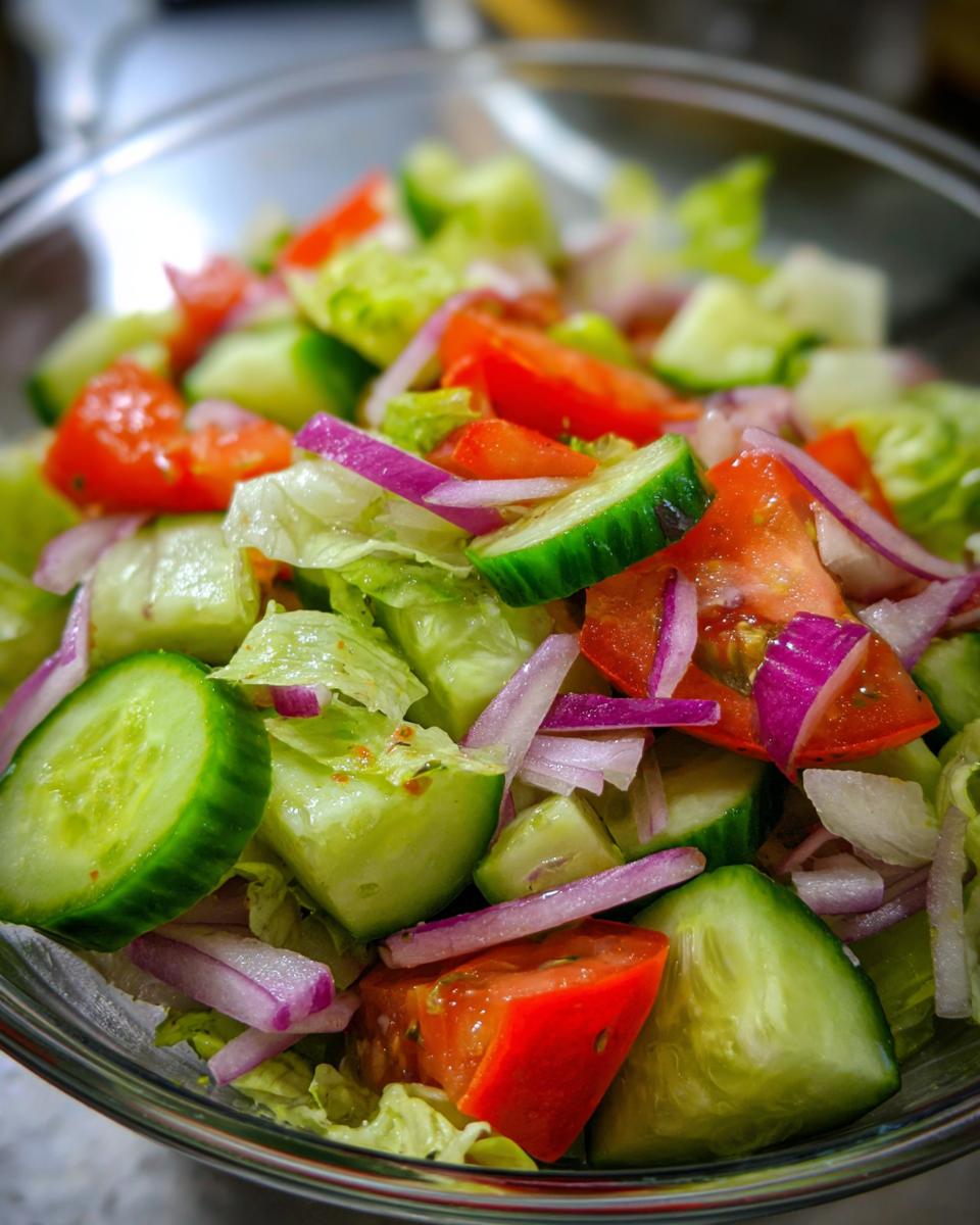 18 Best 15-Minute Salad Recipes: Deliciously Fast 7 Close-up of a fresh salad with tomatoes, cucumbers, red onion, and lettuce, perfect for a 15-minute salad.