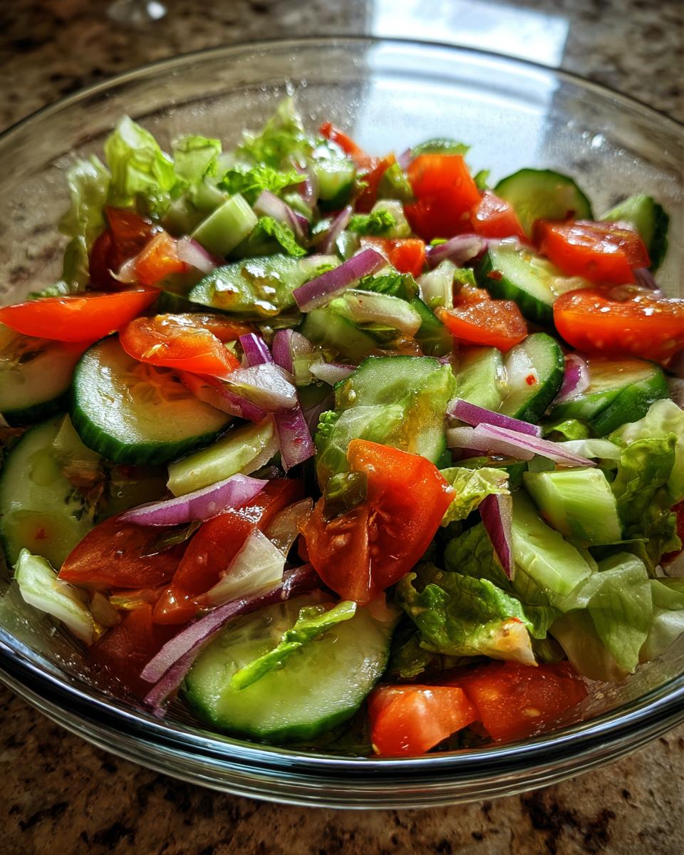 18 Best 15-Minute Salad Recipes: Deliciously Fast 8 Close-up of a fresh salad with tomatoes, cucumbers, and red onion, a perfect 15-minute salad.