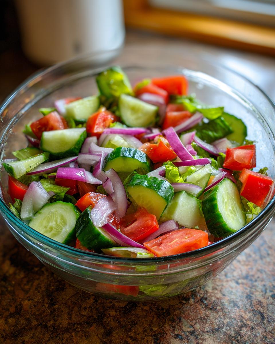 18 Best 15-Minute Salad Recipes: Deliciously Fast 10 Close-up of a fresh 15-minute salad with tomatoes, cucumbers, and red onion in a glass bowl. Perfect for a quick meal.