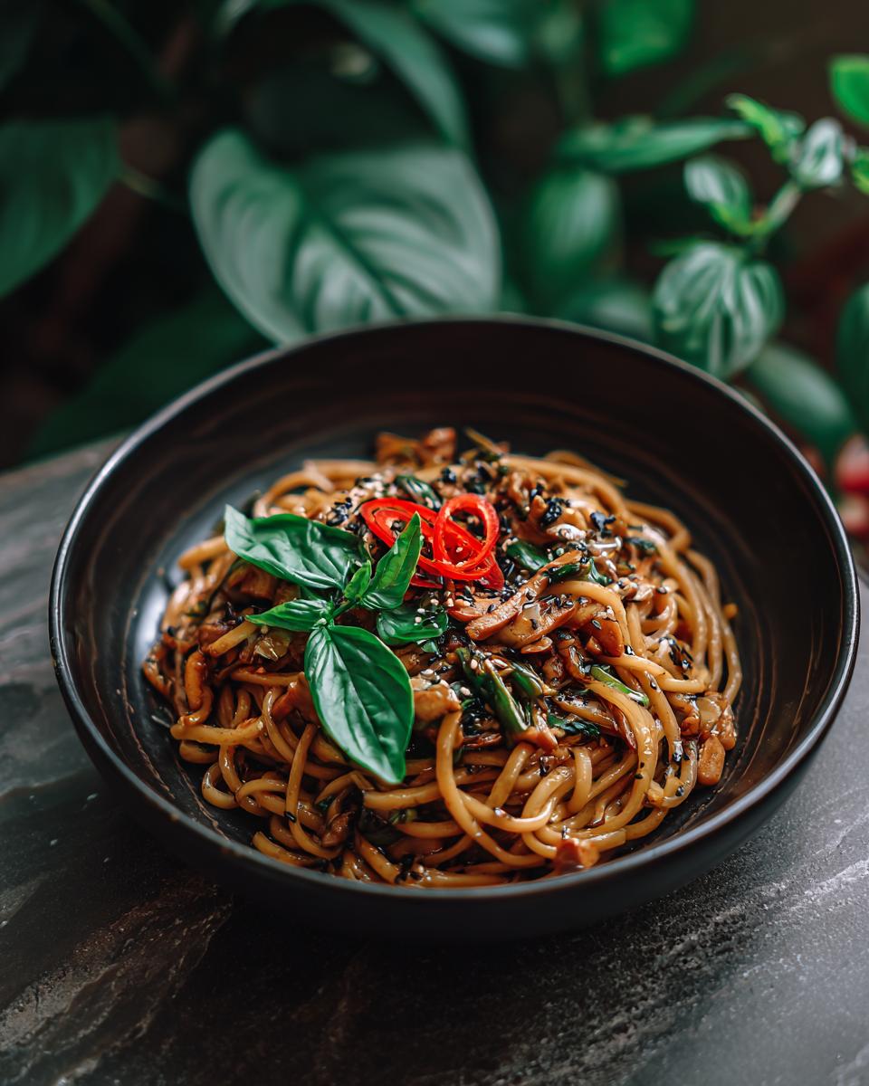 Amazing Asian Pasta Salad: 1 Delicious Recipe 4 Close-up of a bowl of Asian pasta salad, garnished with basil and chili.
