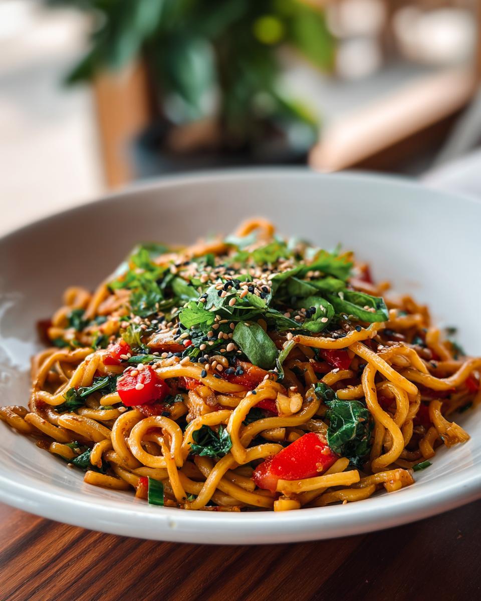 Amazing Asian Pasta Salad: 1 Delicious Recipe 5 Close-up of a bowl of Asian pasta salad with noodles, vegetables, and sesame seeds. The pasta salad asian is ready to eat.