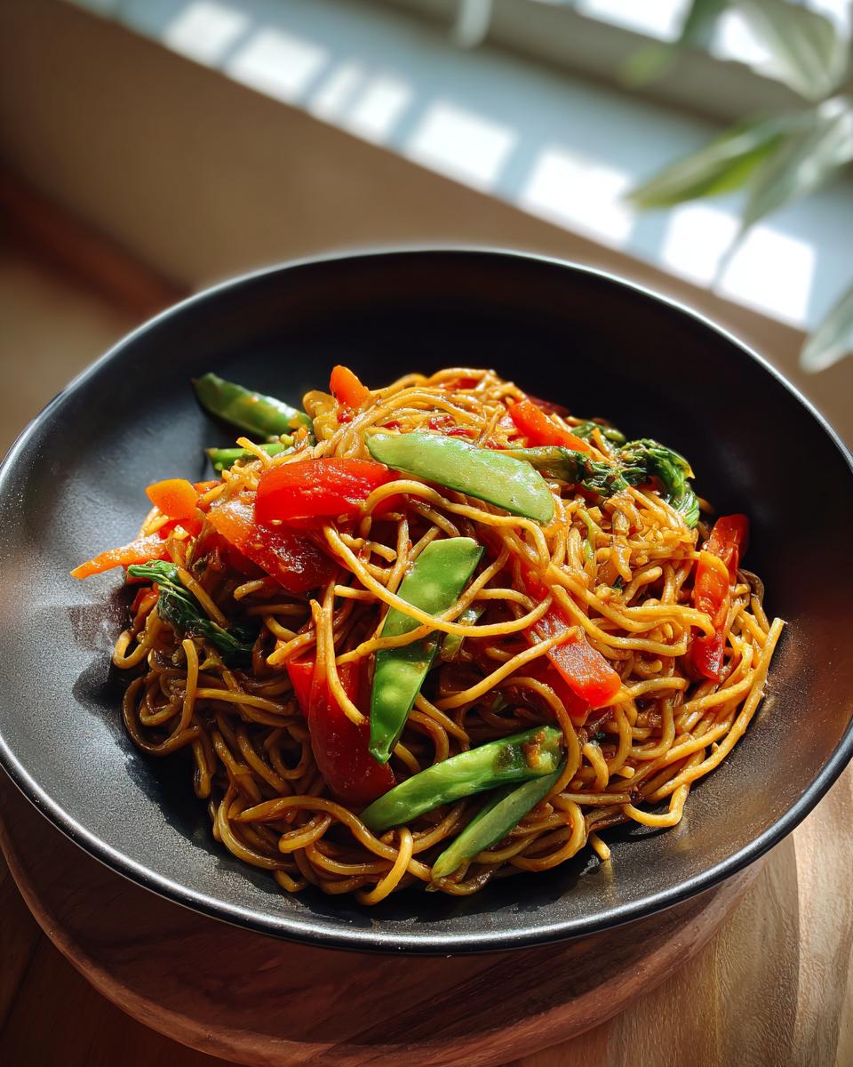 Amazing Asian Pasta Salad: 1 Flavor Bomb 8 Close-up of Asian pasta salad with noodles, vegetables, and sauce in a black bowl.