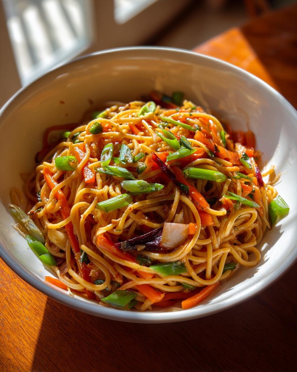 Amazing Asian Pasta Salad: 1 Flavor Bomb 9 Close-up of Asian pasta salad with noodles, carrots, and green onions in a white bowl.