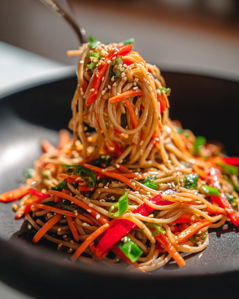 Amazing pasta salad asian: 30 minute flavor blast 4 Close-up of Asian pasta salad with noodles, carrots, peppers, and sesame seeds.