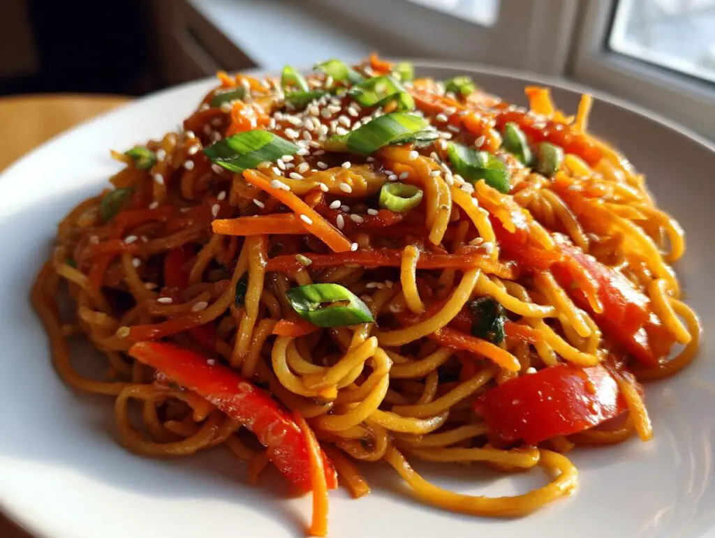 Close-up of a vibrant Asian pasta salad with noodles, carrots, red peppers, and sesame seeds. The pasta salad asian is on a white plate.