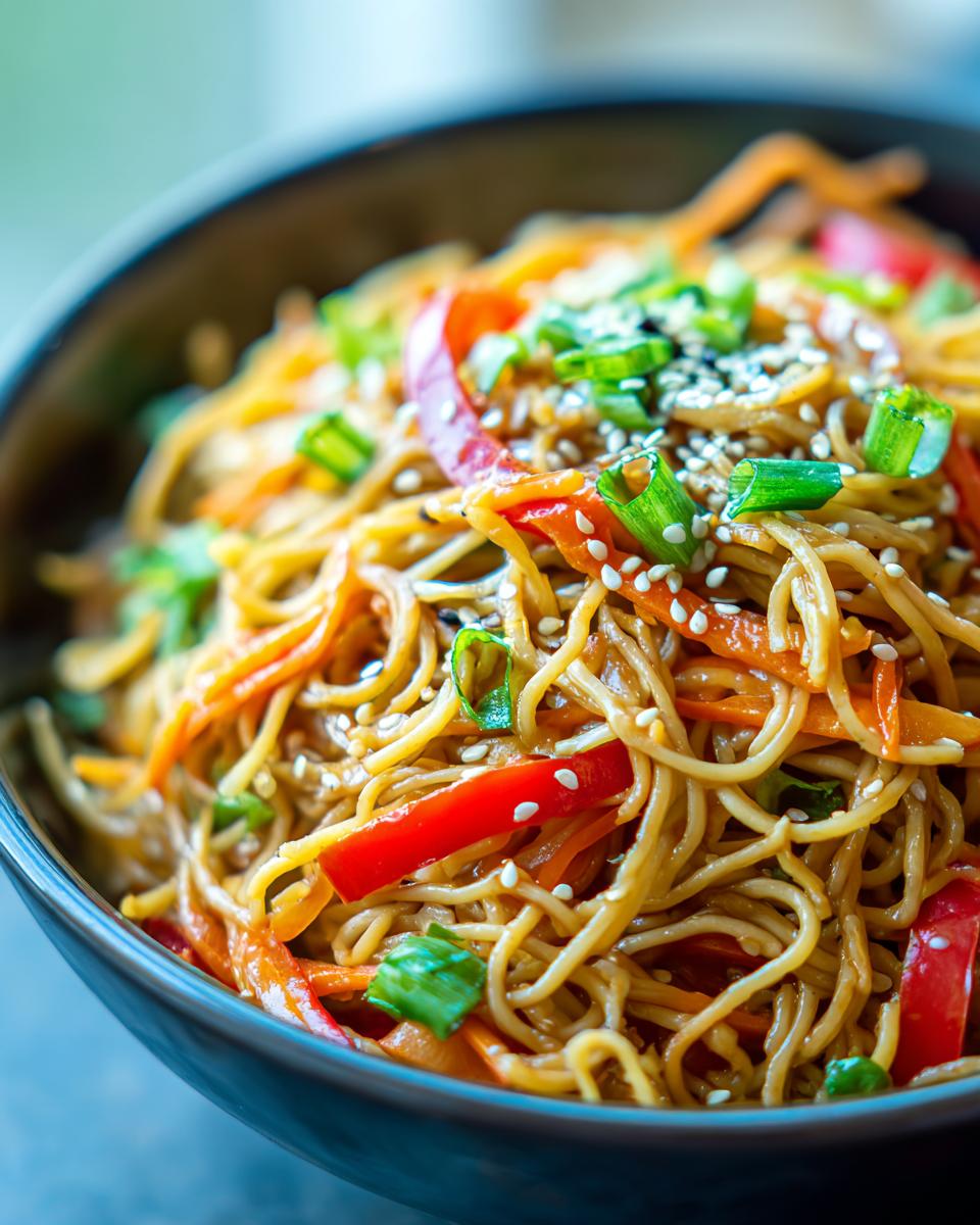 Amazing pasta salad asian: 30 minute flavor blast 5 Close-up of a bowl of Asian pasta salad with noodles, carrots, peppers, and sesame seeds. This is a delicious pasta salad asian.