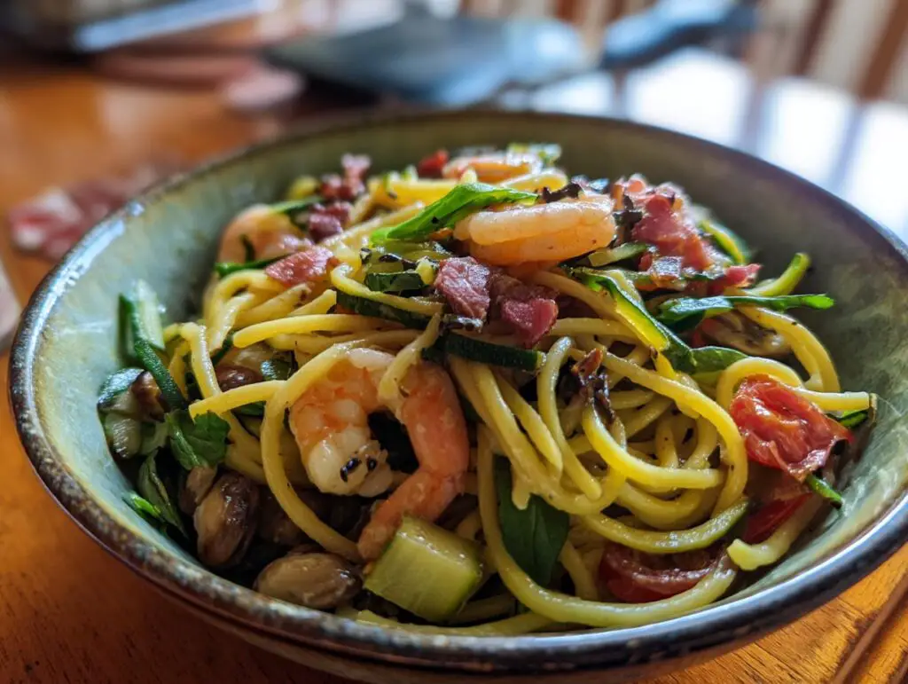 Close-up of a bowl of Asian pasta salad with shrimp, zucchini, tomatoes, and bacon.