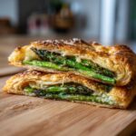 Close-up of a slice of Asparagus & Parmesan Tart, showing layers of asparagus and flaky pastry.