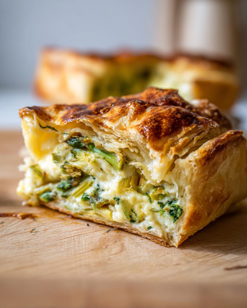 Close-up of a slice of Asparagus & Parmesan Tart on a wooden board, showing flaky crust and filling.