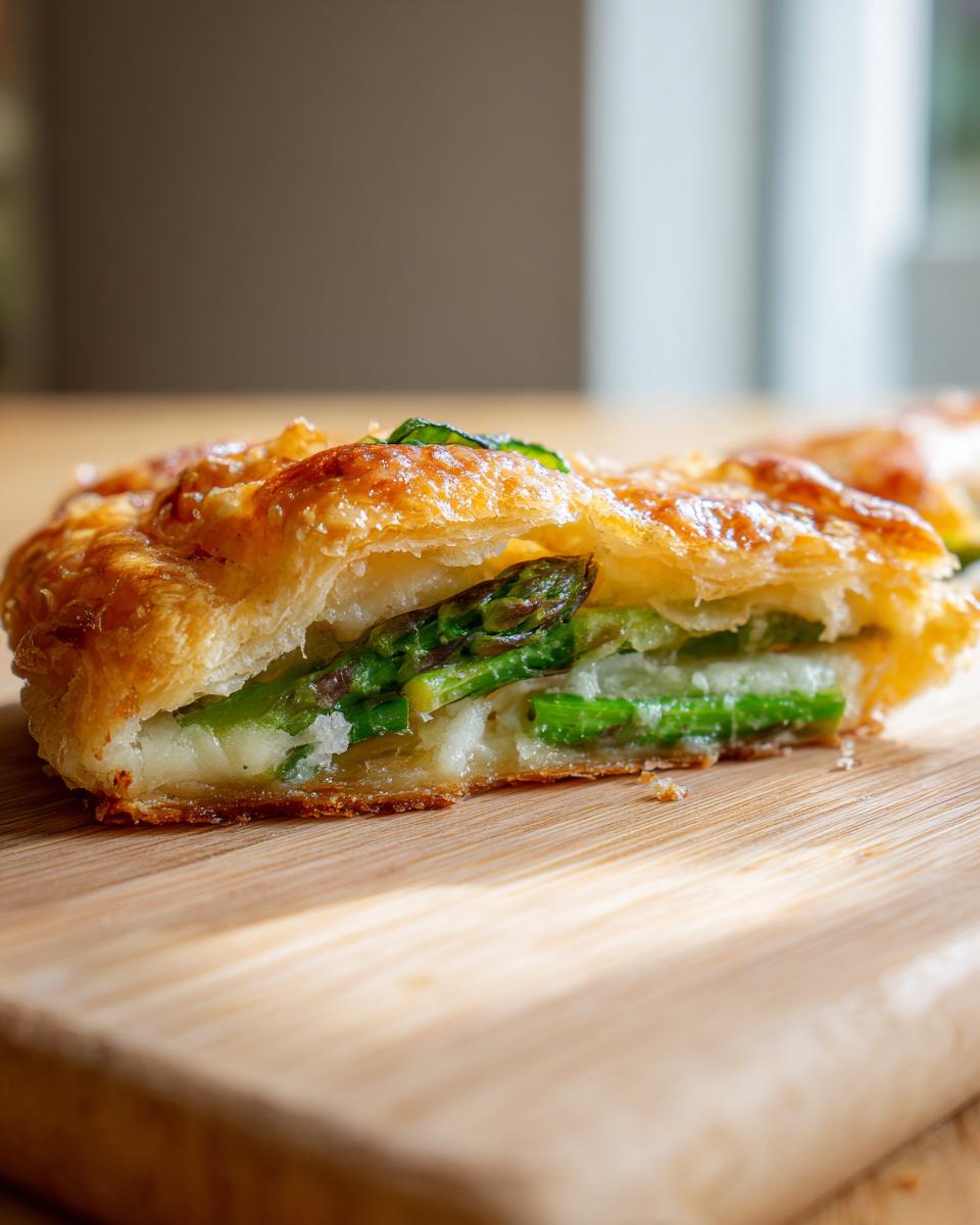 Close-up of a slice of Asparagus & Parmesan Tart, showing flaky crust and asparagus filling.