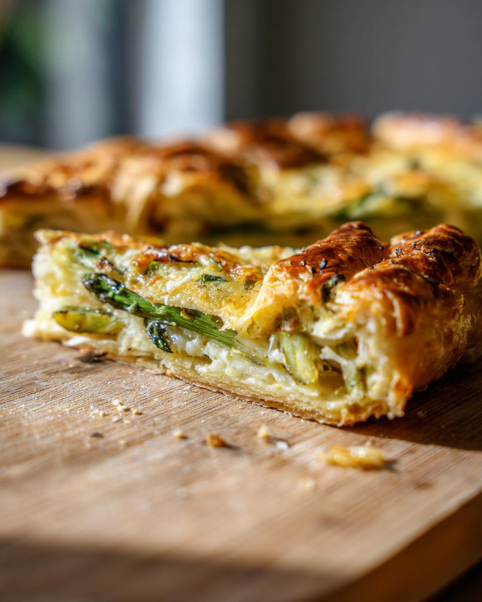 Close-up of a slice of Asparagus & Parmesan Tart, showing asparagus spears and flaky crust.