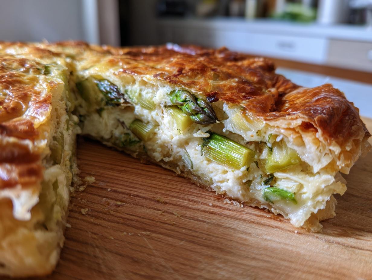 Close-up of a slice of Asparagus & Parmesan Tart, showing asparagus and cheese filling.