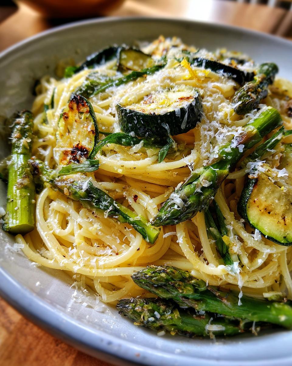 Amazing Asparagus Zucchini Pasta Salad: 1 Delicious Bite 2 Close-up of asparagus and zucchini pasta salad with parmesan cheese.