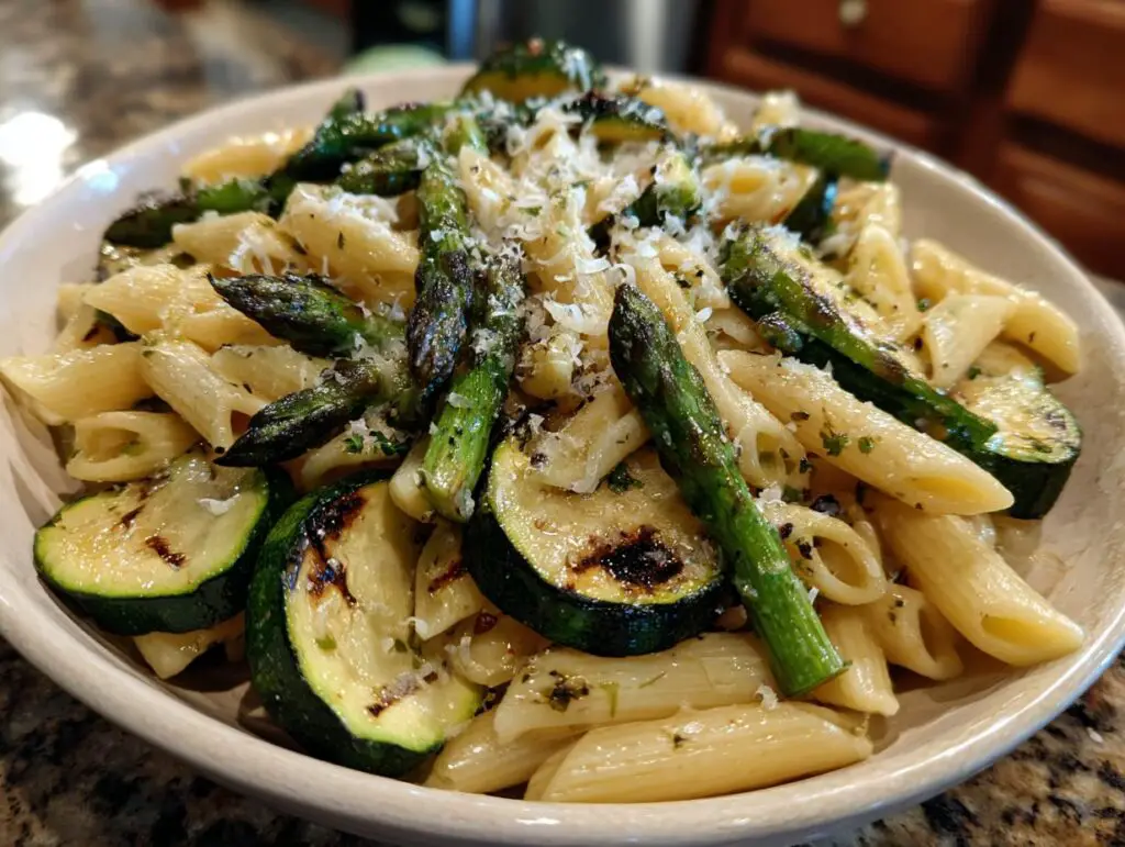 Close-up of asparagus and zucchini pasta salad in a bowl, featuring grilled vegetables and penne pasta.